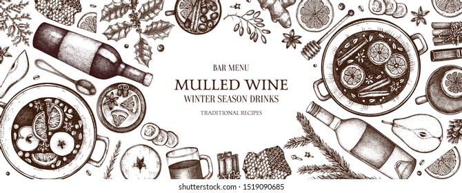 Mulled wine design with hand drawn ingredients. Horizontal Christmas bar menu template. Traditional winter season hot drinks illustrations. Christmas food and drinks vector background. Vintage style