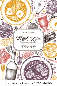 Mulled Wine Design. Merry Christmas Menu template. Vector frame with hand drawn hot drinks, spices, herbs, fruits. Beverages, food and ingredients drawings. Top View illustration.