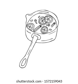Mulled wine in doodle style, hot drink in winter, poster for cafe, menu. Spice cardamom, cinnamon stick, nutmeg, anise star, honey, ginger, orange. Warming drink. Black and white illustration