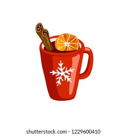 Mulled wine with dried citrus slice and cinnamon sticks in red mug with snowflake icon isolated on the white background