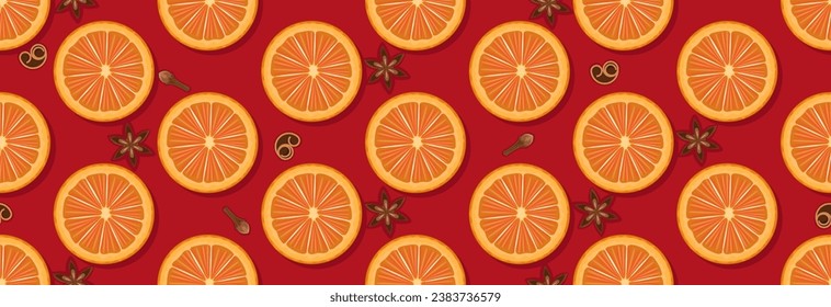 Mulled wine drink with various spices, orange, clove, cardamom, cinnamon and anise. Seamless pattern.