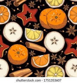 Mulled wine elements seamless pattern.Cinnamon, clove  and orange slice. Vector illustration.