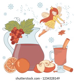 MULLED WINE FAIRY Vector Illustration Cartoon Set for Print, Greeting and Decoration