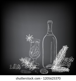 Mulled wine in a glas, bottle wine with spices and fir branches. Template on black  background. Vector drawing. spruce branches, rosemary, branch with berries, nutmeg, pine cone, anise star.