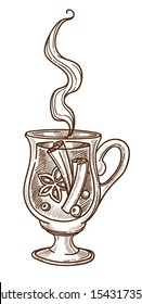 Mulled wine in glass with cinnamon stick and anise star, hot drink isolated sketch vector. Christmas traditional alcohol beverage with spices drawing. Seasoning in heated grape liquid, glassware
