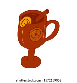 Mulled wine in a glass in doodle style, hot drink in winter, poster for cafe, menu. Spice cardamom, cinnamon stick, nutmeg, anise star, honey, ginger, orange. Warming drink. Colorful illustration