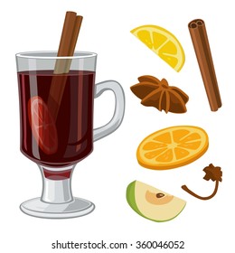 Mulled wine with glass of drink and ingredients. Vector flat illustration isolated on white background. Hand drawn design element for label and poster