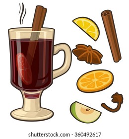 Mulled wine with glass of drink and ingredients. Vector flat illustration isolated on white background. Hand drawn design element for label and poster
