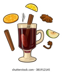 Mulled wine with glass of drink and ingredients on white background. Vector flat illustration for greeting card, invitation, web, banner, icon and poster.