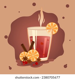 Mulled wine in a glass with a framed orange in the background