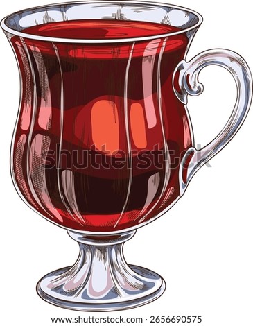 Mulled wine glass in hand drawn watercolor style, vector illustration. Warm Christmas traditional drink. Red wine glass. Engraved vintage style. Isolated background. Icon.