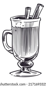 Mulled wine glass. Hot drink engraving. Traditional spicy beverage