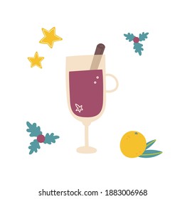 Mulled wine with glass and ingredients. Cinnamon stick, orange. Isolated on white background. Vector hand drawn color illustration.