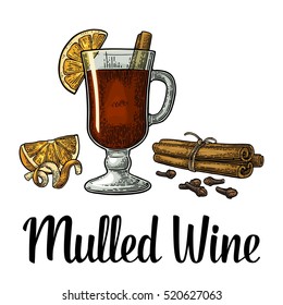 Mulled wine with glass and ingredients. Cinnamon stick, clove, lemon slice and peel twirled. Isolated on white background. Vector color vintage engraving illustration. Hand drawn lettering for poster