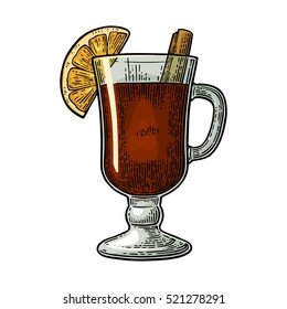 Mulled wine with glass and ingredients. Cinnamon stick and lemon slice. Isolated on white background. Vector color vintage engraving illustration. Hand drawn lettering for label and poster