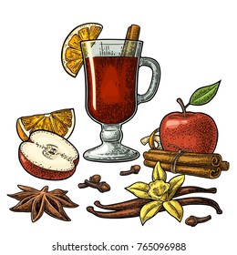 Mulled wine with glass and ingredients. Cinnamon stick, apple, lemon, anise, clove and cardamom. Isolated on white background. Vector black vintage engraving illustration.