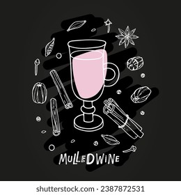 Mulled wine glass with ingredients on shalk board. Hot wine drink isolated on black background. Irish glass linear silhouette. Mulled wine recipe. Restaurant beverage card, menu, cooking class