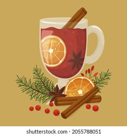 Mulled wine in glass with ingredients and pine branches. Winter hot drink. Design for Holidays invitation card, poster, banner, greeting card, postcard, packaging, print. Vector illustration.