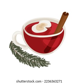 Mulled wine in a glass isolated on a white background. Vector drinks ingredients set. Winter alcoholic cocktail with dry cloves , cinnamon sticks, fir, apple and wine. Classic winter drink