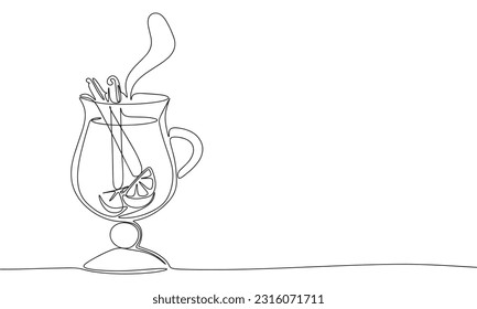 Mulled wine in glass isolated on white background. One line continuous vector illustration. Line art, outline.