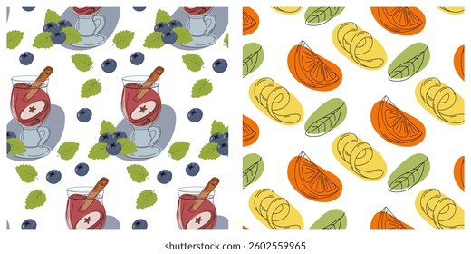 Mulled wine Glass mug on stem Cinnamon stick Berry Mint Lemon slice Citrus rind Seamless Pattern Set