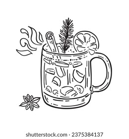 Mulled wine in a glass mug with orange and cinnamon stick. Winter warming drink. Vector illustration in engraving style.