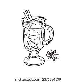 Mulled wine in a glass glass with orange and cinnamon stick. Winter warming drink. Vector illustration in engraving style.