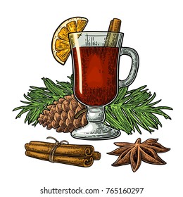 Mulled wine with glass, pine cone, branch of fir tree and spice ingredients. Cinnamon stick, clove, anise lemon slice and peel. Vector color vintage engraving illustration isolated on white background