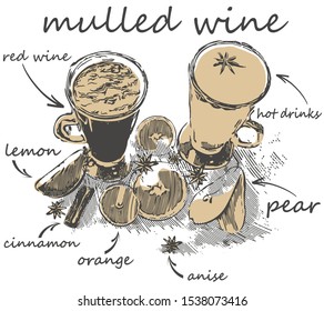 Mulled wine in a glass. Red and white wine. Spices and spices.
Watercolor drawing. Stock vector.