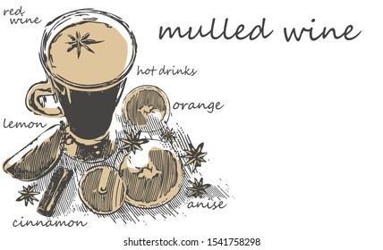 Mulled wine in a glass. Red and white wine. Spices and spices. Watercolor drawing. Stock vector.