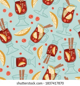 Mulled wine with glass seamless pattern. Christmas drink. Hot drinks. Autumn and winter holidays
