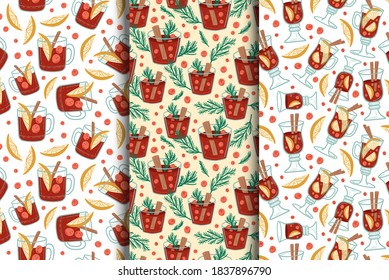 Mulled wine with glass seamless pattern. Christmas drink. Hot drinks. Autumn and winter holidays