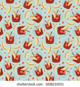 Mulled wine with glass seamless pattern. Christmas drink. Hot drinks. Autumn and winter holidays