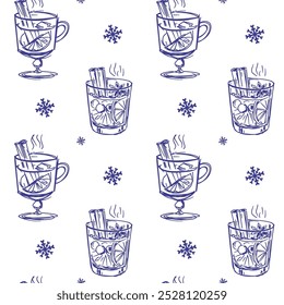 vinho Mulled em um copo, padrão sem costura, bebida de inverno quente, fundo de inverno, ilustração de esboço, vetor