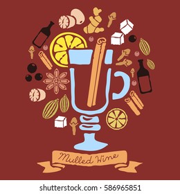 Mulled Wine in Glass. Set of Spices Around of Beverage. Thyme, Clove, Cardamom, Nutmeg, Cinnamon, Sugar, Lemon, Wine, Ginger, Star Anise, Peppercorn.