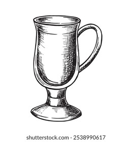 Mulled wine glass sketch. Vector graphic illustration, hand drawn isolated. Black and white vessel for liqud. Glasswear for holiday party drinks for Christmas and New Year. Clipart for menu, postcard.