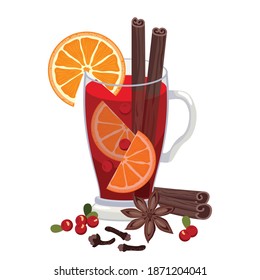 Mulled wine in a glass with spices: cinnamon, orange, cranberries, star anise, cloves. Vector, white background, isolated.