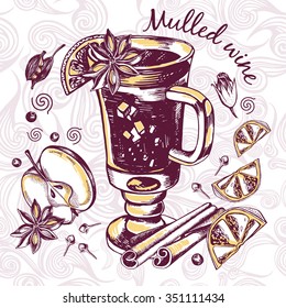 Mulled wine in a glass and spices, vector illustration