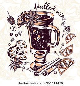 Mulled wine in a glass and spices, vector illustration
