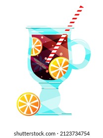 Mulled wine in a glass glass with a straw and oranges.