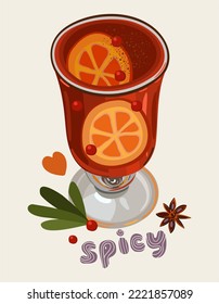 Mulled wine in glass transparent cup. With slices of orange, cinnamon and cranberries. Hot drink for cold season.