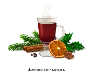 Mulled wine in glass, twig of Holly and spruce, cinnamon sticks, dried orange slice, anise and cloves isolated on white background. Realistic vector illustration.