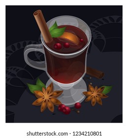 Mulled wine in the glass vector illustration. Warm drink design for menu