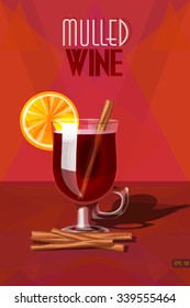 Mulled wine glass, vector illustration. Red polygon background.