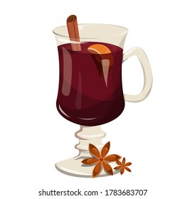 Mulled wine in glass vector isolated. Hot tasty alcohol drink for Christmas. Red beverage with aroma spices. Cinnamon, orange and star anise.