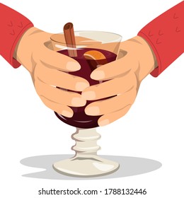 Mulled wine in glass vector isolated. Hot tasty alcohol drink for Christmas. Red beverage with aroma spices. Hands holding glass with delicious beverage.