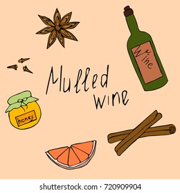 Mulled wine with grapefruit peel vector illustration.Autumn drink.Christmas holiday alcoholic cocktail.Colorful realistic hand drawn illustration.Selected ingredients.Anise star,cinnamon,grapefruit .