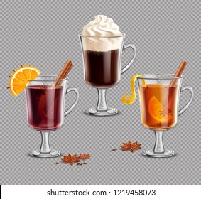 Mulled wine, grog, irish сoffee on transparent background. Hot drinks