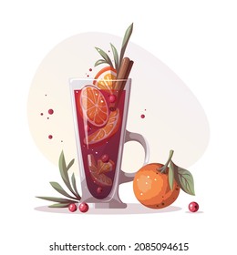 Mulled wine, grog, punch. Merry Christmas, cozy winter, New Year, holidays concept. Vector illustration for poster, banner, cover.