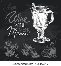 Mulled wine hand drawn chalkboard design set. Black chalk texture	